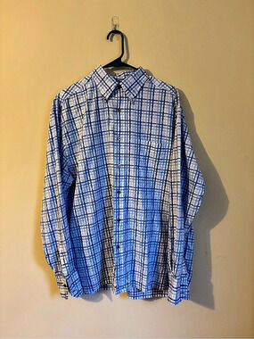 Alexander Julian Private Reserve Plaid Cotton Shirt in Blue & White Large